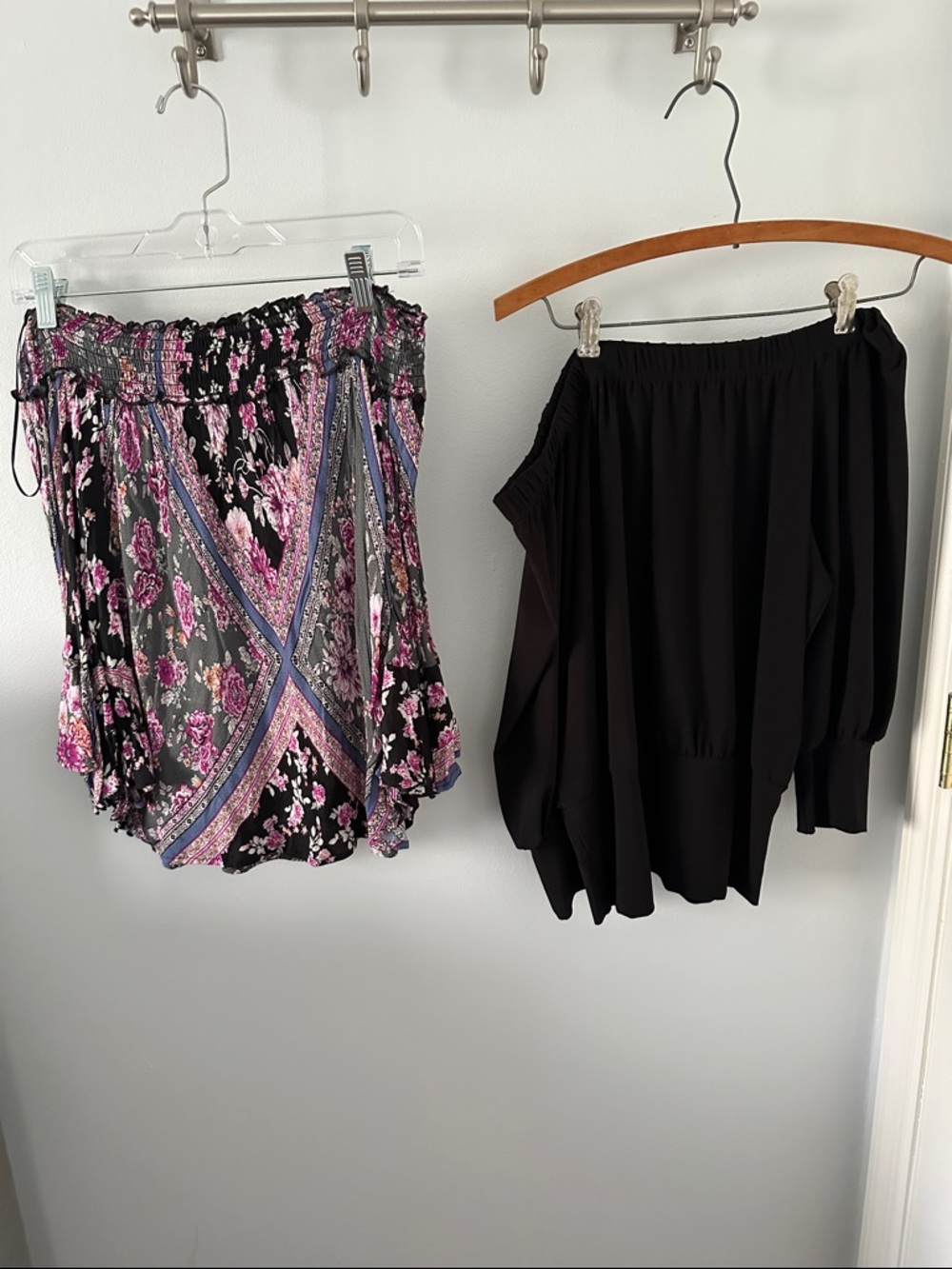 Floral Pink & Black Smocked off the shoulder tops- Women